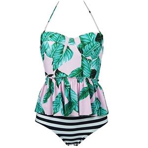 Cocoship 2 piece peplum mix print swimsuit